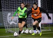 24 November 2021; Lucy Quinn, right, and Jessica Ziu during a Republic of Ireland Women training session at the FAI National Training Centre in Abbotstown, Dublin. Photo by Stephen McCarthy/Sportsfile