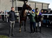 25 November 2021; Aubrey McMahon, left, with jockey Brian Hayes, right, and Cilaos Emery after winning the BetVictor Steeplechase at Thurles Racecourse in Tipperary. Photo by Seb Daly/Sportsfile