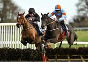 25 November 2021; Vina Ardanza, right, with Davy Russell up, jumps the last on their way to winning the Thurles Maiden Hurdle, from second place Walnut Beach, left, with Shane Fitzgerald up, at Thurles Racecourse in Tipperary. Photo by Seb Daly/Sportsfile