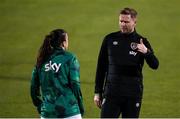 25 November 2021; Republic of Ireland assistant manager Tom Elms and Niamh Farrelly in conversation before the FIFA Women's World Cup 2023 qualifying group A match between Republic of Ireland and Slovakia at Tallaght Stadium in Dublin. Photo by Stephen McCarthy/Sportsfile