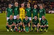 25 November 2021; Republic of Ireland players, back row, from left, Niamh Fahey, Louise Quinn, Courtney Brosnan, Megan Connolly, Áine O'Gorman and Jamie Finn, front row, from left, Savannah McCarthy, Denise O'Sullivan, Katie McCabe, Lucy Quinn and Heather Payne before the FIFA Women's World Cup 2023 qualifying group A match between Republic of Ireland and Slovakia at Tallaght Stadium in Dublin. Photo by Stephen McCarthy/Sportsfile