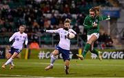 25 November 2021; Heather Payne of Republic of Ireland has at shot on goal, under pressure from Slovakia's Patrícia Fischerová, during the FIFA Women's World Cup 2023 qualifying group A match between Republic of Ireland and Slovakia at Tallaght Stadium in Dublin. Photo by Stephen McCarthy/Sportsfile