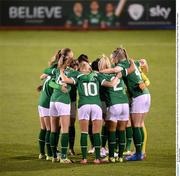 25 November 2021; Republic of Ireland players form a huddle before the FIFA Women's World Cup 2023 qualifying group A match between Republic of Ireland and Slovakia at Tallaght Stadium in Dublin. Photo by Stephen McCarthy/Sportsfile