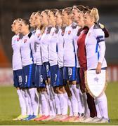 25 November 2021; Slovakia players stand for the playing of the National Anthem during the FIFA Women's World Cup 2023 qualifying group A match between Republic of Ireland and Slovakia at Tallaght Stadium in Dublin. Photo by Stephen McCarthy/Sportsfile