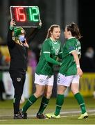 25 November 2021; Lucy Quinn of Republic of Ireland is replaced by Kyra Carusa during the FIFA Women's World Cup 2023 qualifying group A match between Republic of Ireland and Slovakia at Tallaght Stadium in Dublin. Photo by Stephen McCarthy/Sportsfile