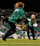 25 November 2021; Republic of Ireland goalkeeper Megan Walsh, right, warms up with Grace Moloney before the FIFA Women's World Cup 2023 qualifying group A match between Republic of Ireland and Slovakia at Tallaght Stadium in Dublin. Photo by Eóin Noonan/Sportsfile