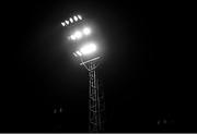 19 November 2021; (EDITORS NOTE: Image has been shot in black and white. Color version not available.) A general view of floodlights from outside the ground before the SSE Airtricity League First Division Play-Off Final match between Bray Wanderers and UCD at Dalymount Park in Dublin. Photo by Piaras Ó Mídheach/Sportsfile