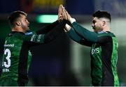 26 November 2021; Shayne Bolton of Connacht, left, celebrates with team-mate Sammy Arnold after scoring his side's second try during the United Rugby Championship match between Connacht and Ospreys at The Sportsground in Galway. Photo by Piaras Ó Mídheach/Sportsfile