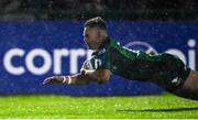 26 November 2021; Oran McNulty of Connacht scores his side's third try during the United Rugby Championship match between Connacht and Ospreys at The Sportsground in Galway. Photo by Piaras Ó Mídheach/Sportsfile