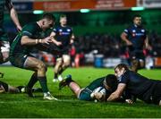 26 November 2021; Sammy Arnold of Connacht scores his side's fourth try during the United Rugby Championship match between Connacht and Ospreys at The Sportsground in Galway. Photo by David Fitzgerald/Sportsfile