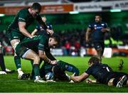 26 November 2021; Sammy Arnold of Connacht is congratulated by team-mates after scoring his side's fourth try during the United Rugby Championship match between Connacht and Ospreys at The Sportsground in Galway. Photo by David Fitzgerald/Sportsfile