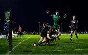 26 November 2021; Peter Robb of Connacht is tackled high by Luke Morgan of Ospreys, resulting in a penalty try for Connacht, their 5th try of the game, and a yellow card for Morgan, during the United Rugby Championship match between Connacht and Ospreys at The Sportsground in Galway. Photo by David Fitzgerald/Sportsfile