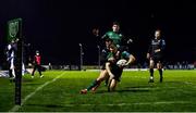 26 November 2021; Peter Robb of Connacht is tackled high by Luke Morgan of Ospreys, resulting in a penalty try for Connacht, their 5th try of the game, and a yellow card for Morgan, during the United Rugby Championship match between Connacht and Ospreys at The Sportsground in Galway. Photo by David Fitzgerald/Sportsfile