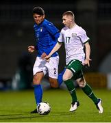 12 November 2021; Ross Tierney of Republic of Ireland in action against Raul Bellenova of Italy during the UEFA European U21 Championship qualifying group A match between Republic of Ireland and Italy at Tallaght Stadium in Dublin. Photo by Piaras Ó Mídheach/Sportsfile