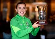 27 November 2021; Katie McCabe with the Confederation of Republic of Ireland Supporters Clubs Women's Player of the Year Award at the Castleknock Hotel in Dublin. Photo by Stephen McCarthy/Sportsfile