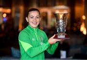 27 November 2021; Katie McCabe with the Confederation of Republic of Ireland Supporters Clubs Women's Player of the Year Award at the Castleknock Hotel in Dublin. Photo by Stephen McCarthy/Sportsfile