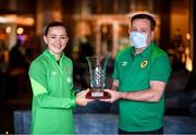 27 November 2021; Katie McCabe is presented with the Confederation of Republic of Ireland Supporters Clubs Women's Player of the Year Award by Ciaran Warfield, CRISC Committee Member at the Castleknock Hotel in Dublin. Photo by Stephen McCarthy/Sportsfile