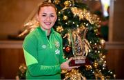 27 November 2021; Katie McCabe with the Confederation of Republic of Ireland Supporters Clubs Women's Player of the Year Award at the Castleknock Hotel in Dublin. Photo by Stephen McCarthy/Sportsfile