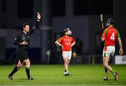 27 November 2021; Referee Patrick Murphy shows a yellow cards to Anthony Roche of Rapparees during the AIB Leinster GAA Hurling Senior Club Championship Quarter-Final match between Clough-Ballacolla and Rapparees at MW Hire O'Moore Park in Portlaoise, Laois. Photo by Sam Barnes/Sportsfile