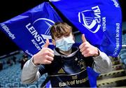 27 November 2021; Leinster supporter James Leahy, aged 12, before the United Rugby Championship match between Leinster and Ulster at the RDS Arena in Dublin. Photo by Harry Murphy/Sportsfile