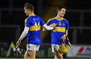 27 November 2021; Jordan Walshe, left, and Robbie Phelan of Clough-Ballacolla celebrate after their side's victory in the AIB Leinster GAA Hurling Senior Club Championship Quarter-Final match between Clough-Ballacolla and Rapparees at MW Hire O'Moore Park in Portlaoise, Laois. Photo by Sam Barnes/Sportsfile