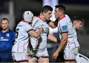 27 November 2021; Nick Timoney of Ulster, centre, celebrates a turnover with Mike Lowry, left, and James Hume of Ulster during the United Rugby Championship match between Leinster and Ulster at the RDS Arena in Dublin. Photo by Harry Murphy/Sportsfile