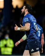 27 November 2021; Robbie Henshaw of Leinster celebrates after scoring his side's first try during the United Rugby Championship match between Leinster and Ulster at the RDS Arena in Dublin. Photo by Harry Murphy/Sportsfile