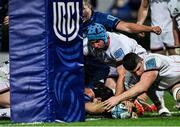 27 November 2021; Robbie Henshaw of Leinster scores his side's first try during the United Rugby Championship match between Leinster and Ulster at the RDS Arena in Dublin. Photo by Harry Murphy/Sportsfile