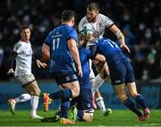 27 November 2021; Stuart McCloskey of Ulster is tackled by Rhys Ruddock, left, and Ciarán Frawley of Leinster during the United Rugby Championship match between Leinster and Ulster at RDS Arena in Dublin.  Photo by Piaras Ó Mídheach/Sportsfile