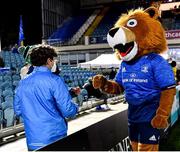 27 November 2021; Leo the Lion with supporters before the United Rugby Championship match between Leinster and Ulster at the RDS Arena in Dublin. Photo by Harry Murphy/Sportsfile
