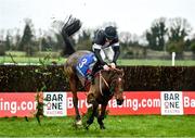28 November 2021; Hurricane Georgie, with Luke Dempsey up, almost falls as they clear the last on their way to finishing second in the Bar One Racing Irish EBF Mares Handicap Steeplechase on day two of the Fairyhouse Winter Festival at Fairyhouse Racecourse in Ratoath, Meath. Photo by David Fitzgerald/Sportsfile