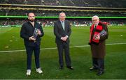 28 November 2021; FAI President Gerry McAnaney, centre, with Hall of Fame award recipients Christy Fagan, left, and Billy Young before the Extra.ie FAI Cup Final match between Bohemians and St Patrick's Athletic at Aviva Stadium in Dublin. Photo by Stephen McCarthy/Sportsfile