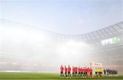 28 November 2021; Both teams line-up for the National Anthem before the Extra.ie FAI Cup Final match between Bohemians and St Patrick's Athletic at the Aviva Stadium in Dublin. Photo by Stephen McCarthy/Sportsfile