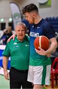 28 November 2021; Ireland head coach Mark Keenan, left, with Jordan Blount of Ireland before the FIBA EuroBasket 2025 Pre-Qualifiers First Round Group A match between Ireland and Austria at National Basketball Arena in Tallaght, Dublin. Photo by Brendan Moran/Sportsfile