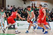 28 November 2021; Jordan Blount of Ireland in action against Bogic Vujosevic, left, and Renato Poljak of Austria during the FIBA EuroBasket 2025 Pre-Qualifiers First Round Group A match between Ireland and Austria at National Basketball Arena in Tallaght, Dublin. Photo by Brendan Moran/Sportsfile