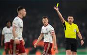 28 November 2021; Bohemians captain Keith Buckley watches on as referee Robert Hennessy shows a yellow card during the Extra.ie FAI Cup Final match between Bohemians and St Patrick's Athletic at Aviva Stadium in Dublin. Photo by Stephen McCarthy/Sportsfile