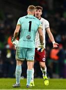 28 November 2021; Bohemians goalkeeper James Talbot, 1, and Rory Feely of Bohemians during the Extra.ie FAI Cup Final match between Bohemians and St Patrick's Athletic at Aviva Stadium in Dublin. Photo by Eóin Noonan/Sportsfile