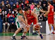 28 November 2021; Bogic Vujosevic of Austria in action against Ciaran Roe of Ireland during the FIBA EuroBasket 2025 Pre-Qualifiers First Round Group A match between Ireland and Austria at National Basketball Arena in Tallaght, Dublin. Photo by Brendan Moran/Sportsfile