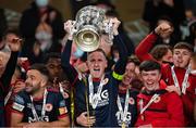 28 November 2021; St Patrick's Athletic captain Ian Bermingham lifts the FAI Challenge Cup after his side's victory in the Extra.ie FAI Cup Final match between Bohemians and St Patrick's Athletic at Aviva Stadium in Dublin. Photo by Stephen McCarthy/Sportsfile
