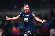 28 November 2021; Robbie Benson of St Patrick's Athletic celebrates after scoring the winning penalty during the Extra.ie FAI Cup Final match between Bohemians and St Patrick's Athletic at Aviva Stadium in Dublin. Photo by Eóin Noonan/Sportsfile