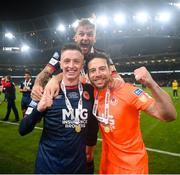 28 November 2021; St Patrick's Athletic players Chris Forrester, Paddy Barrett and Vitezslav Jaros celebrate after the Extra.ie FAI Cup Final match between Bohemians and St Patrick's Athletic at Aviva Stadium in Dublin. Photo by Stephen McCarthy/Sportsfile