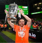 28 November 2021; St Patrick's Athletic goalkeeper Vitezslav Jaros celebrates with the FAI Challenge Cup after his side's victory in the Extra.ie FAI Cup Final match between Bohemians and St Patrick's Athletic at Aviva Stadium in Dublin. Photo by Stephen McCarthy/Sportsfile