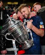 28 November 2021; Paddy Barrett of St Patrick's Athletic and his father Paddy celebrate with the FAI Challenge Cup after their side's victory in after the Extra.ie FAI Cup Final match between Bohemians and St Patrick's Athletic at the Aviva Stadium in Dublin. Photo by Seb Daly/Sportsfile