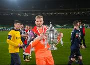 28 November 2021; St Patrick's Athletic goalkeeper Vitezslav Jaros celebrates with the FAI Challenge cup after the Extra.ie FAI Cup Final match between Bohemians and St Patrick's Athletic at Aviva Stadium in Dublin. Photo by Stephen McCarthy/Sportsfile