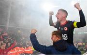28 November 2021; Ian Bermingham is lifted by Paddy Barrett of St Patrick's Athletic after the Extra.ie FAI Cup Final match between Bohemians and St Patrick's Athletic at the Aviva Stadium in Dublin. Photo by Seb Daly/Sportsfile