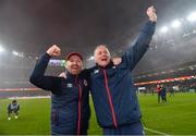 28 November 2021; St Patrick's Athletic head coach Stephen O'Donnell, left, and St Patrick's Athletic manager Alan Mathews celebrate after the Extra.ie FAI Cup Final match between Bohemians and St Patrick's Athletic at the Aviva Stadium in Dublin. Photo by Seb Daly/Sportsfile