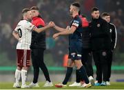 28 November 2021; Robbie Benson of St Patrick's Athletic commiserates with Keith Ward of Bohemians after the Extra.ie FAI Cup Final match between Bohemians and St Patrick's Athletic at Aviva Stadium in Dublin. Photo by Michael P Ryan/Sportsfile