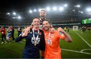 28 November 2021; St Patrick's Athletic players Chris Forrester, Paddy Barrett and Vitezslav Jaros celebrate after the Extra.ie FAI Cup Final match between Bohemians and St Patrick's Athletic at Aviva Stadium in Dublin. Photo by Stephen McCarthy/Sportsfile
