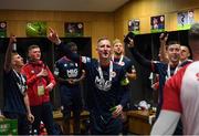 28 November 2021; Ian Bermingham of St Patrick's Athletic celebrates with his team-mates in the dressing room after the Extra.ie FAI Cup Final match between Bohemians and St Patrick's Athletic at Aviva Stadium in Dublin. Photo by Stephen McCarthy/Sportsfile