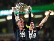 28 November 2021; Ian Bermingham of St Patrick's Athletic, left, celebrates with team-mate Lee Desmond following his side's victory in the Extra.ie FAI Cup Final match between Bohemians and St Patrick's Athletic at Aviva Stadium in Dublin. Photo by Michael P Ryan/Sportsfile